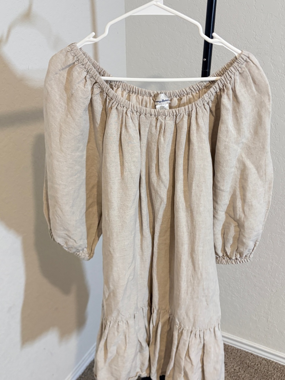 Tommy Bahama Beige Off-Shoulder Linen Blend Puff Sleeve Dress